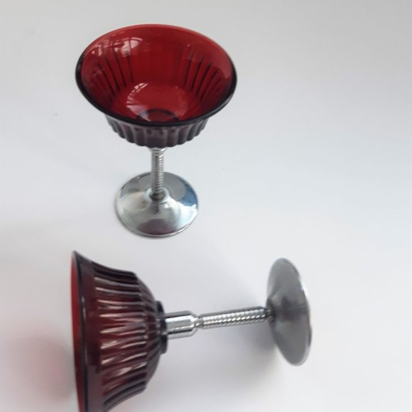 VTG Glass Ruby Red Martini 2 Goblets Chrome Stem Art Deco New Martinsville 1930s - Picture 7 of 10